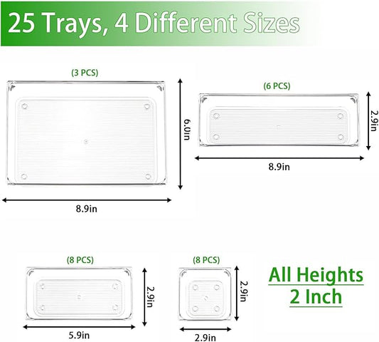 25 Pcs Clear Plastic Drawer Organizer Set,4 Sizes Small Organizer Bins for Bathroom,Office,Kitchen Cabinet and Vanity Organizers for Jewelry,Cosmetic,Gadgets Utensil In Drawer Organizer Trays