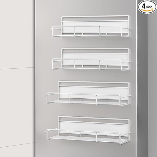 4 Pack Magnetic Spice Rack Organizer for Refrigerator and Microwave Oven, Metal Fridge Shelf for Kitchen, White