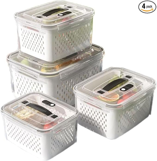 4 Pack Large Airtight Fridge Food Organizer Containers, Fruit and Vegetable Storage Containers with lids, Portable Outdoor Picnics Food Storage with Removable Colanders(4.15L+3.15L+1.7L+0.8L)