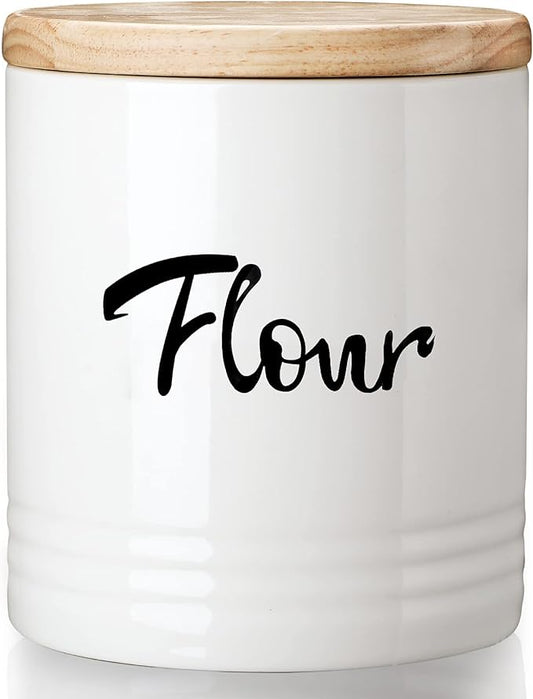 LEETOYI Porcelain Food Storage Containers with Lid, 4.5 Inch 31oz White, Labeled Flour