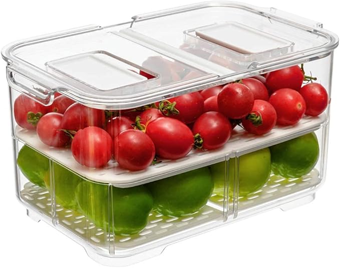 SANNO Vegetable Fruit Storage Containers, Produce Saver Containers Refrigerator Storage Containers Fresh Produce Saver with Lids and Vents,Stackable Salad Lettuce Keeper for Refrigerator