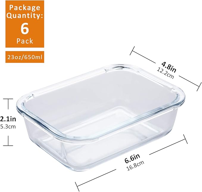 YEBODA Glass Food Storage Containers with Airtight Snap Locking Lids BPA Free Meal Prep Container Set For Home Kitchen Restaurant - Freezer, Microwave, Oven, Dishwasher Safe [23oz, 6 Pack]