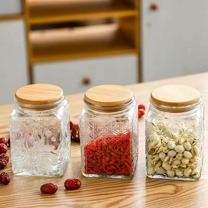 ANSQU Square Glass Jar, 25.3oz Vintage Glass Jar with Lid, Glass Food Storage Containers for Ground Coffee, Tea, Sugar, Candy, Decorative Glass Jar