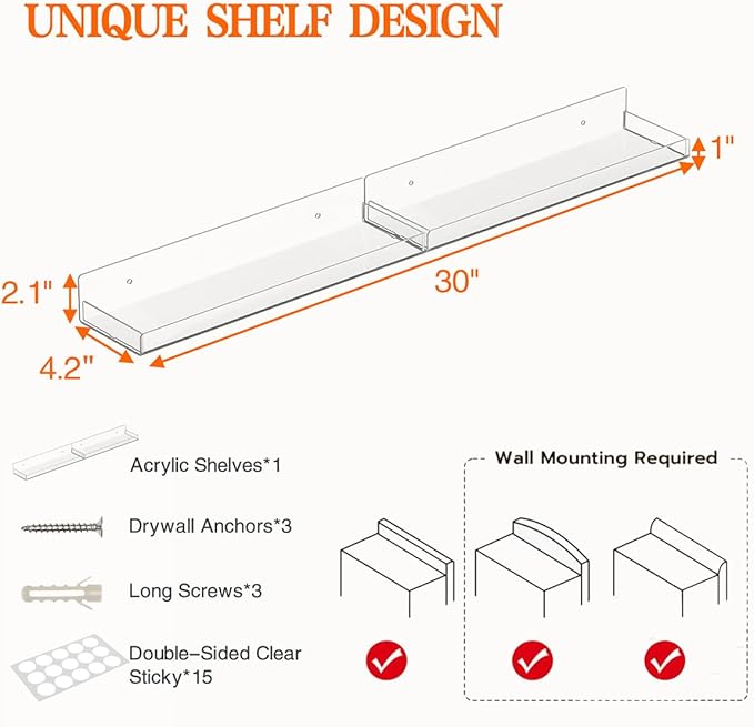 30" Acrylic Stove Top Shelf for Kitchen Stove, Floating Shelves for Wall, Over Stove Shelf for Back of Stove, Space-Saving Spice Rack, Two Mounting Options, Heat-Resistant & Durable