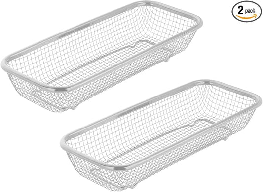 Kitchen Flatware Drawer Organizer, 2pcs Stackable Mesh Cabinet Storage Basket, Stainless Steel Kitchen Utensils Filter Drying Rack Holder for Knives, Fork, Spoon Chopsticks Silver