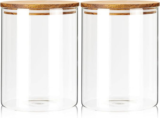 Labina Glass Storage Container Airtight Food Jars Kitchen Canister with Wood Lids, 94 Oz Wide Mouth Pantry Organization Glass Jar for Flour, Sugar, Cookie, Spagetti, Nuts and Candy (2 Pack)