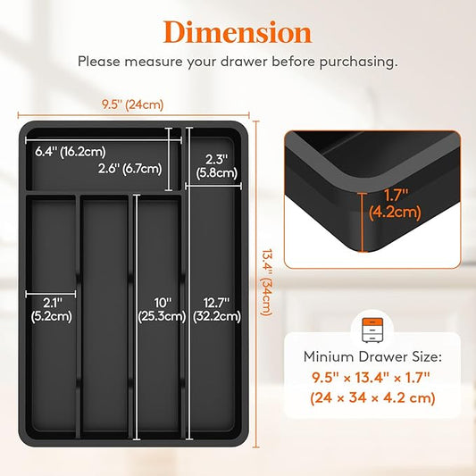 Lifewit Silverware Tray, Deep Wide Cutlery Drawer Organizer Storage for Kitchen, Plastic Flatware Utensil Holder Divider for Spoons Forks Knives Tableware, 5 Compartment, Black