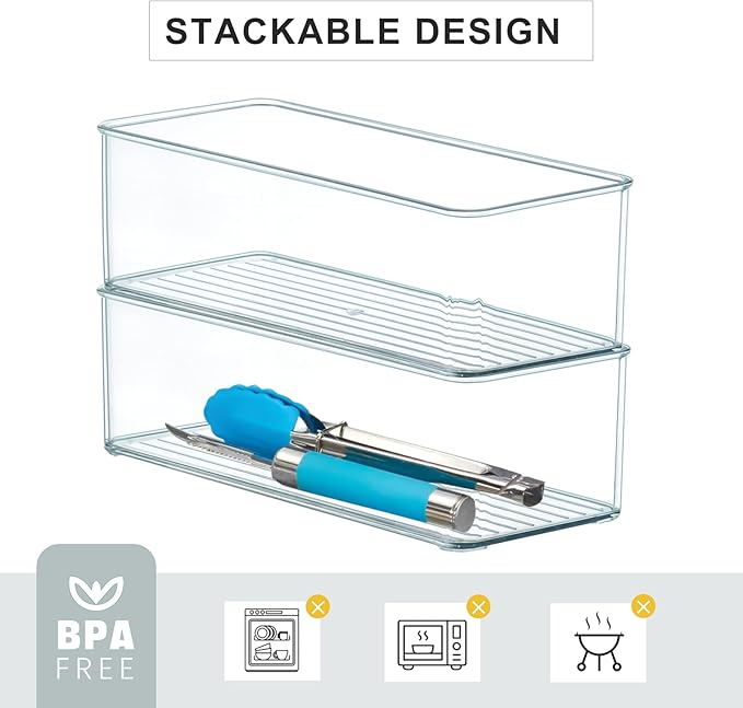 Hudgan 8 Pack Clear Plastic Drawer Organizer Bins Set, Stackable Cutlery Storage Bins Trays for Organizing Kitchen, Bathroom, Office, Crafts, Gadgets, Cabinet Supplies