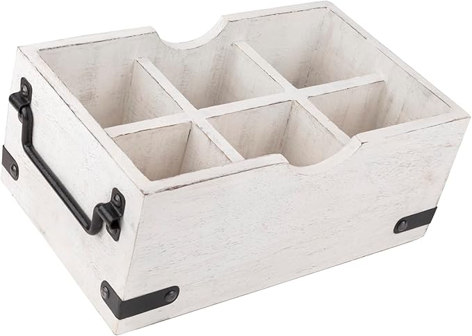 GoCraft 6-Compartment Wooden Flatware Caddy – Versatile Organizer for Kitchen Utensils, Silverware, Condiments, Craft Supplies, Makeup Brushes – Whitewashed Mango Wood with Sturdy Metal Handles