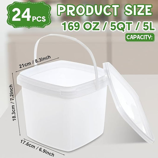 Mifoci 24 Pcs Plastic Food Containers Ice Cream Buckets with Lids and Handle Reusable Square Deli Containers Freezer and Microwave Safe for Kitchen Food Drinks Storage(169 Oz / 4.4 Qt / 1.3 Gallon)