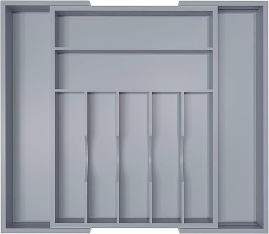 Silverware Organizer Utensil Drawer Organizer - Bamboo Cutlery Organizer Kitchen Drawer Organizer for Silverware, Utensils, Cutlery, Flatware, Knives W13.5-19.9" x L17.6 (Grey)