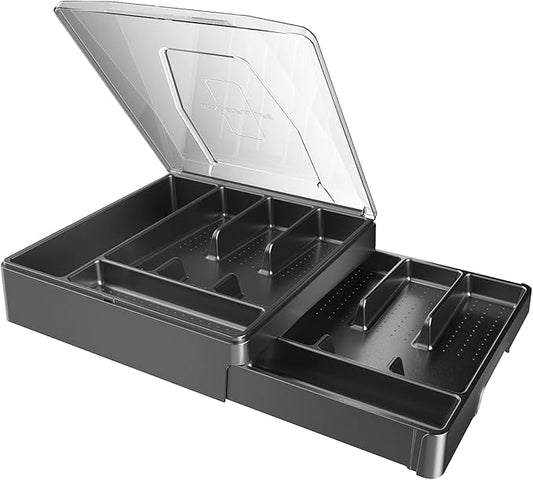 Double Layer Silverware Tray with Lid, Drawer Organizer for Utensil Tray, Cutlery Storage Holder with Cover, Black