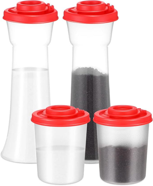 EBOOT 4 Pcs Salt and Pepper Shaker Set Hourglass Picnic Salt and Pepper Shakers Plastic Airtight Spice Jar Dispenser with Lids for Camping Outdoors Kitchen Lunch(Red)
