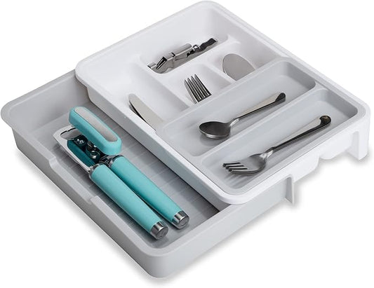 Smart Design 7 Compartment Expandable Drawer Organizer - Sliding Tray - BPA Free - Utensils, Flatware, Office, Personal Care, or Makeup Storage - Kitchen - White with Gray