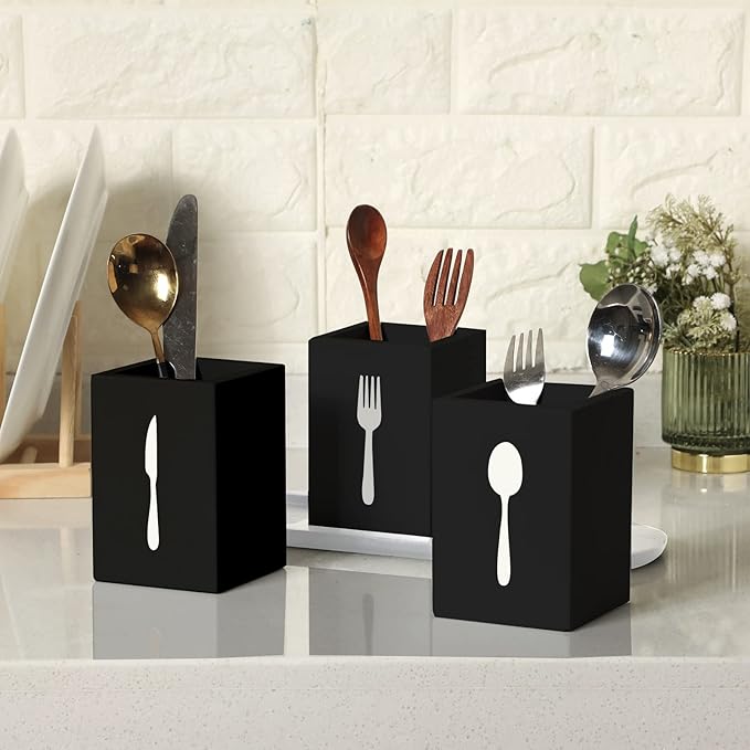 Kathfly 4 Pcs Silverware Caddy Utensil Holder for Countertop Silverware Organizer with Wood Tray Spoon Fork Holder 3. 15 x 3. 15 x 4. 53 Inches of Each Organizer for Kitchen Parties(Black)