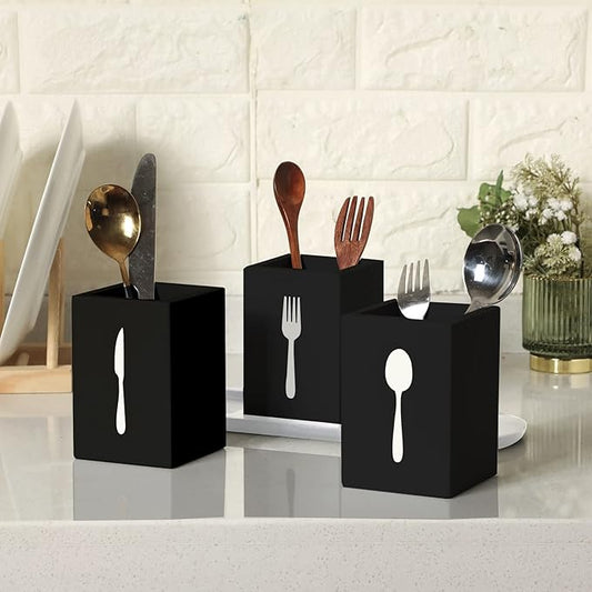 Kathfly 4 Pcs Silverware Caddy Utensil Holder for Countertop Silverware Organizer with Wood Tray Spoon Fork Holder 3. 15 x 3. 15 x 4. 53 Inches of Each Organizer for Kitchen Parties(Black)