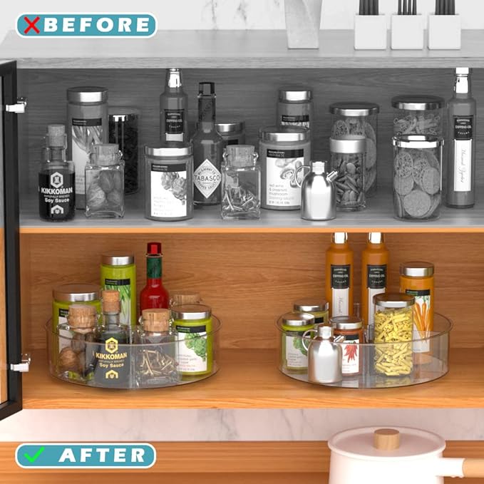 Slideep Lazy Susan Plastic Turntable Divided Spinner for Kitchen Cabinet, Pantry, Fridge, Cupboard, Counter Organizing Fully Rotating Organizer for Food, Spices, and Condiments, 11.5" Clear - 2 Pack