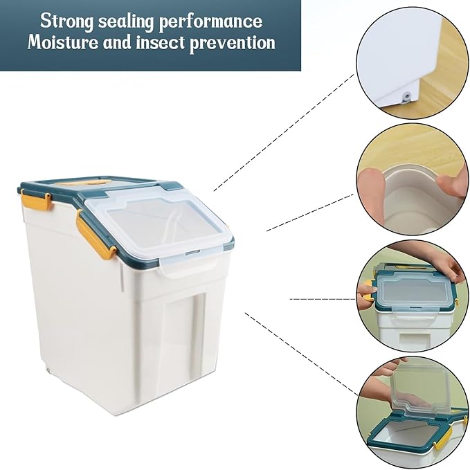YXQ 50LB Large Flour Storage Container Bin,2 Pack Airtight Plastic with Wheels Seal Locking Lid Dispenser Organizer Bin with Measuring Cup & Scoop for Flour, Rice, Grain 100LBS Total Capacity(Blue)