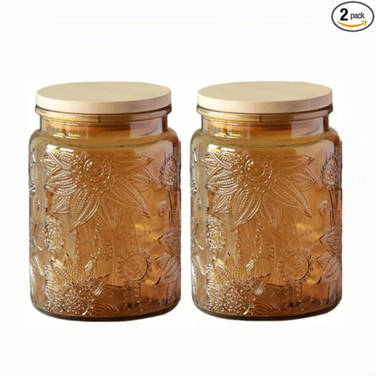 2 Pack Vintage Glass Jars, 23.7oz Glass Jars with Bamboo Lids, Decorative Mason Jar for Home Kitchen Storage Coffee Tea Sugar Biscuit Candy Jar, Cute Jar (Yellow, 2 Pack)