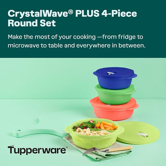 Tupperware CrystalWave PLUS 4 Piece Round Food Storage Container Set in Multi Colors, Dishwasher Safe and BPA Free (4 Bowls, 4 Lids)