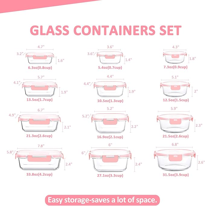 24 Pieces Glass Food Storage Containers Set,Glass Meal Prep Containers-Stackable Airtight Glass Storage Containers with lids,Freezer, Microwave, Oven Safe,Pink