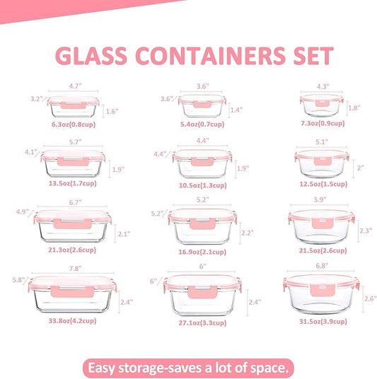 24 Pieces Glass Food Storage Containers Set,Glass Meal Prep Containers-Stackable Airtight Glass Storage Containers with lids,Freezer, Microwave, Oven Safe,Pink