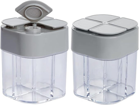 2 Pack 4 in 1 Spice Container Salt and Pepper Shaker Transparent Seasoning Shaker Can Filter Lumps Spice Jars for Home Restaurant Camping Travel Cooking BBQ (Grey)