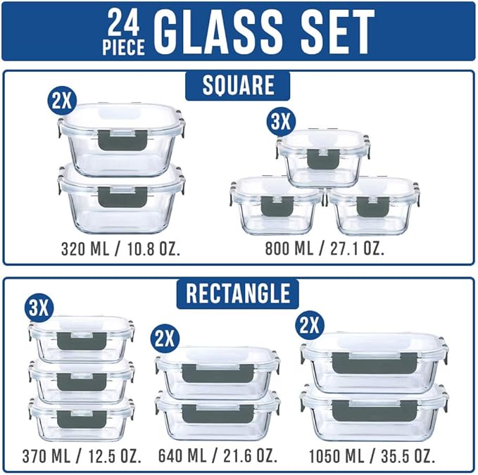 LYTIO Glass Food Containers Storage Organizers for Kitchen Pantry | BPA Free | Leak Proof | Odor Proof | Stain Resistant | 12 Sets | Freezer and Oven Safe(Gray)