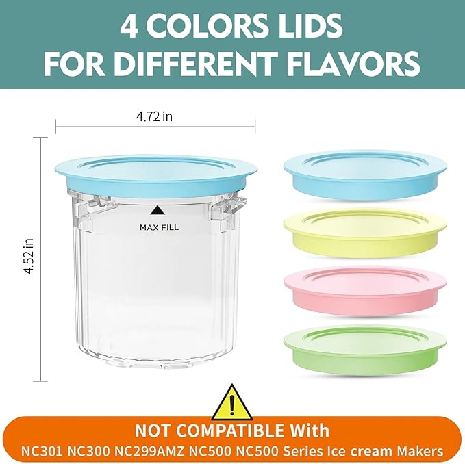 Pint Containers and Lids Replacement for Ninja Creami Breeze Ice Cream Maker - 4 Pack, 16oz Cups Compatible with NC101 NC201 NC201Q NC205A Series- BPA-Free & Dishwasher Safe