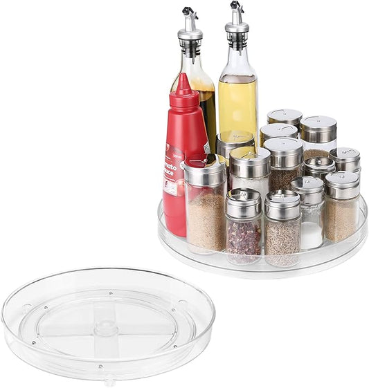 Puricon 2 Pack Clear Lazy Susan Turntable Organizer (12" & 9.25"), Plastic Rotating Tray Home Edit Lazy Susan Spice Rack Cabinet Organizer for Pantry Countertop Kitchen Fridge Bathroom -Low Edge