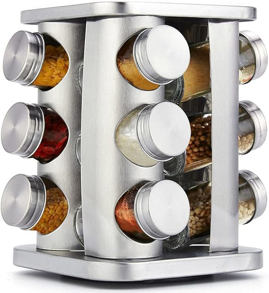 TINMIX Rotating Spice Rack Organizer with 12 Jars - Revolving Standing Seasoning Tower with 12 Glass Bottles for Countertop Kitchen Cabinet, Stainless Steel, Silver