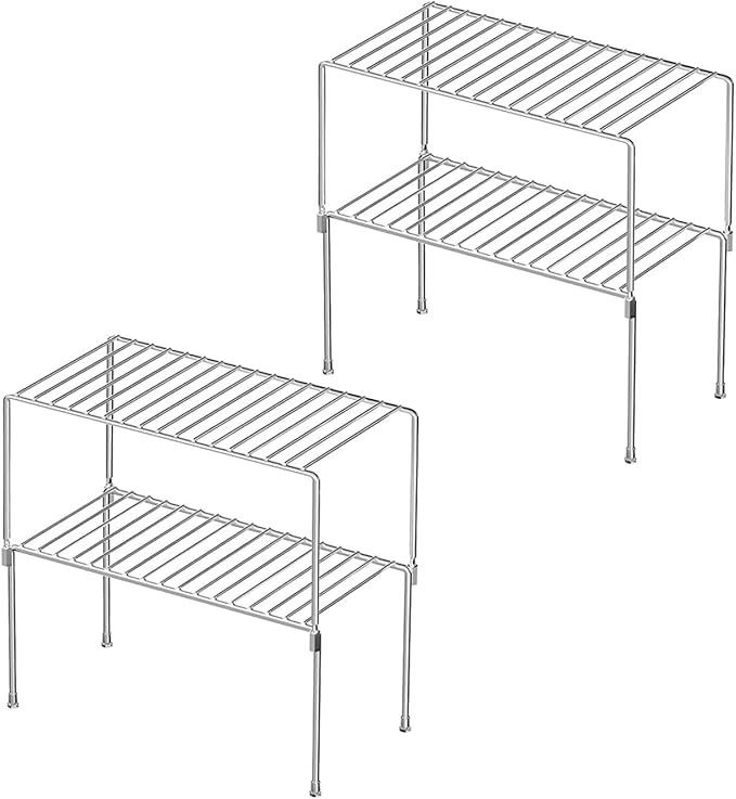 Redrubbit 4 Pack(10.6 x 5.5 Inch) Stackable Cabinet Storage Shelf Rack, Rustproof Kitchen Counter and Cabinet Shelf, Small Storage Rack Organizer for Kitchen, Fridge, Cabinet, Bathroom, Chrome