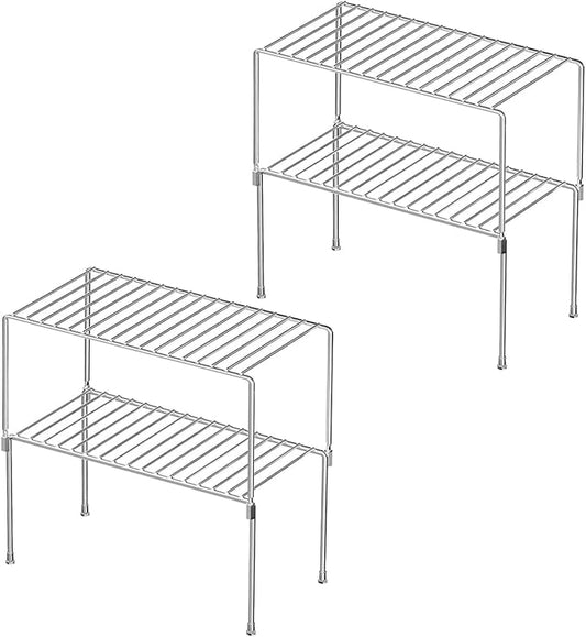 Redrubbit 4 Pack(10.6 x 5.5 Inch) Stackable Cabinet Storage Shelf Rack, Rustproof Kitchen Counter and Cabinet Shelf, Small Storage Rack Organizer for Kitchen, Fridge, Cabinet, Bathroom, Chrome