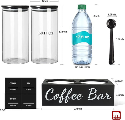 GMISUN Coffee Container, 2 Pcs 50 Fl oz Airtight Bean Storage Canister, Black Glass Ground Coffee and Sugar Jar Set with Scoop/Shelf/Labels, Sugar/Tea Holder Containers for Cafe Bar Countertop