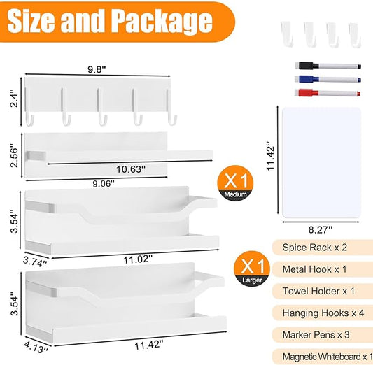 Magnetic Spice Rack for Refrigerator, 4 Pack Heavy Duty Metal Strong Magnetic Fridge Shelf with Magnet Paper Towel Holder, Hook Rack, Whiteboard, Space Saving, White