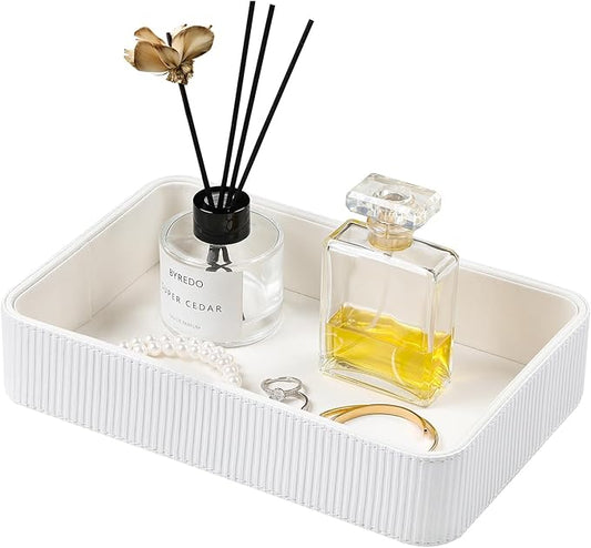 PU Leather Valet Tray Organizer, Modern Nightstand Organizer Bedside Desktop Storage for Womens and Men, Decorative Perfume Trinket Catchall Vanity Tray for Key Watch Wallet (White)