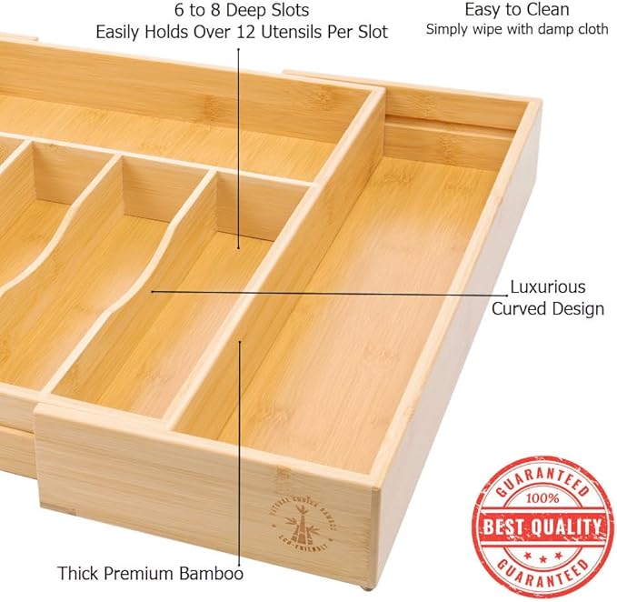 Premium Silverware, Flatware and Utensil Organizer for Kitchen Drawers. Extra Large and Expandable from 13 to 21 Inches - 8 Compartments [2.5 Inches Deep] *Bamboo Utensils Included - 100% Bamboo.