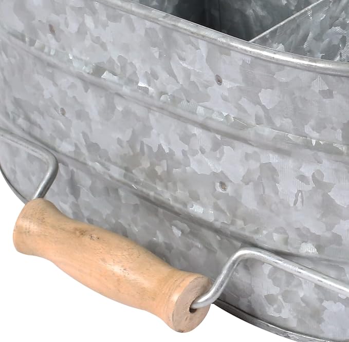 Galvanized Metal Caddy with 4 Compartments, Rustic Farmhouse Kitchen Picnic Utensil Holder, Multipurpose Storage Bin, Metal Garden Planters - 12 Inch - Antique Natural