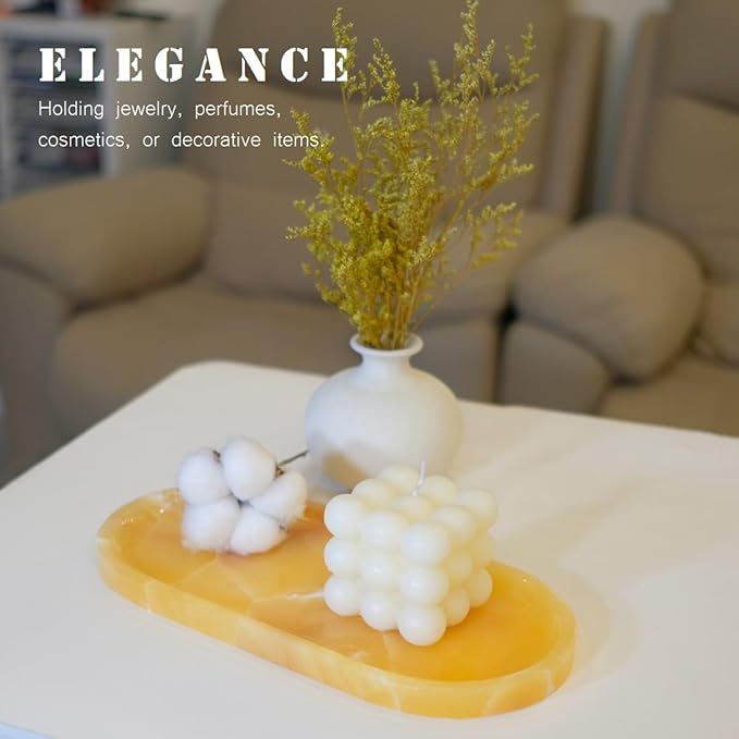 JINGJU Orange Marble Oval Tray 10"x5", Natural Stone Decorative Tray for Jewelry, Candle, Bathroom Counter, Coffee Table, Perfume Display