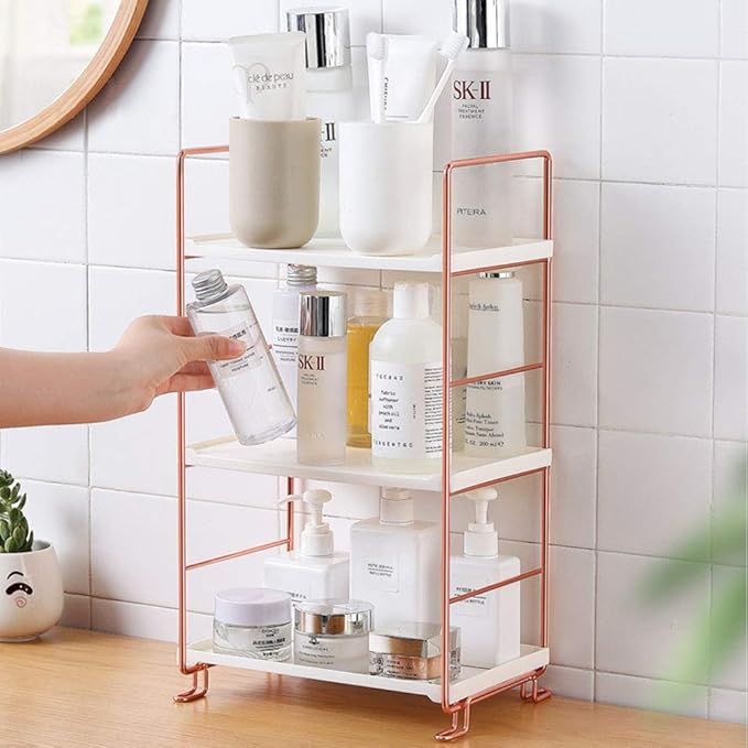 Plastic/Metal Freestanding Stackable Organizer Shelf,Bathroom Countertop Storage Shelf Cosmetic Organizer Holder Kitchen Spice Rack,3-Tier Standing Rack (Rose Gold)