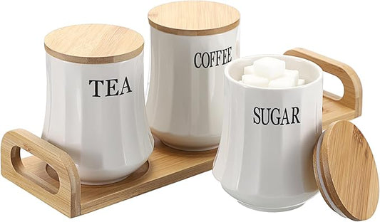 JUXYES Set of 3 Ceramic Canisters Set for Sugar Coffee Tea, Luxurious Storage Containers Sets with Serving Tray Decorative Storage Pots White Ceramic Storage Jar for Kitchen Counter Dining Room