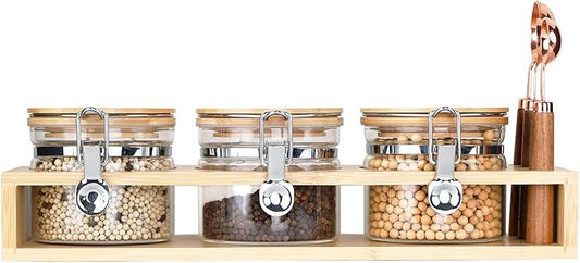 KKC HOME ACCENTS Airtight Borosilicate Glass Storage Jars with Clamp Lids and Scoops,Vacuum sealed Glass Containers for Sugar,Pink Himalayan Salt,Whole Black Peppercorns,Chili Garlic Powder,16 Fl oz
