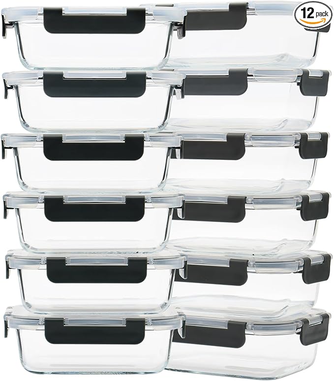 Glass Meal Prep Containers 12-Pack, 22oz Glass Food Storage Containers with Lids, Air-Tight, Leak-Resistant, Freezer to Microwave Safe-Grey Set