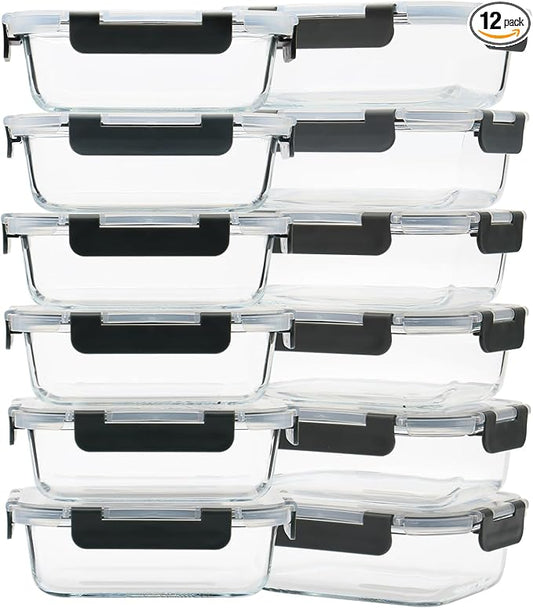 Glass Meal Prep Containers 12-Pack, 22oz Glass Food Storage Containers with Lids, Air-Tight, Leak-Resistant, Freezer to Microwave Safe-Grey Set