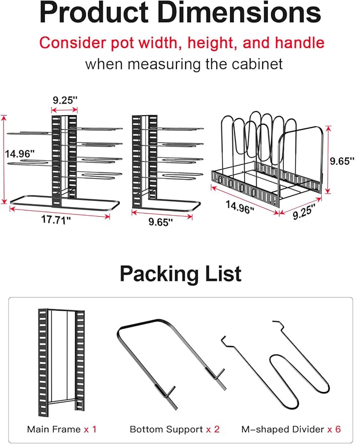 MUDEELA Pots and Pans Organizer : Rack under Cabinet, 8-Tier Kitchen Cabinet Organizers and Storage, Light-Duty Adjustable Pot Racks, Pan Organizers inside Cabinet with 3 DIY Methods