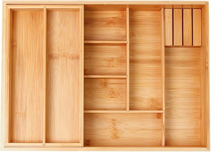 Double layer Bamboo Kitchen Drawer Organizer, Utensil Silverware Organizer, Cutlery Tray, With Slidable & Removable Utensil Tray, With Knife Holder, Flatware Organizer,Multi-use storage box