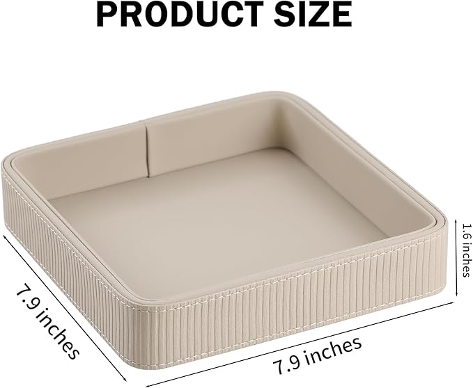 PU Leather Valet Tray Organizer, Small Nightstand Organizer Bedside Desktop Storage for Womens and Men, Perfume Trinket Catchall Vanity Tray for Key Watch Wallet (Beige, Square)