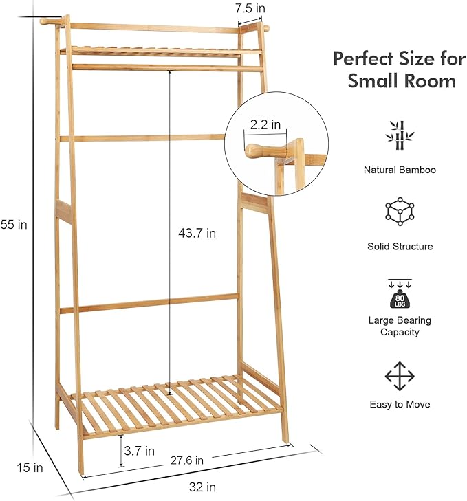 Ufine Bamboo Clothes Hanging Rack with 2 Tier Storage Shelves and 2 Coat Hooks Portable Laundry Rack Cloest Organizer Garment Rack for Bedroom Guest Room