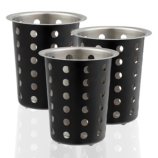 OCS Parts Stainless Steel Utensil Drying Cups | Matte Black | Set of 3 | Perforated Kitchen Flatware and Silverware Holder