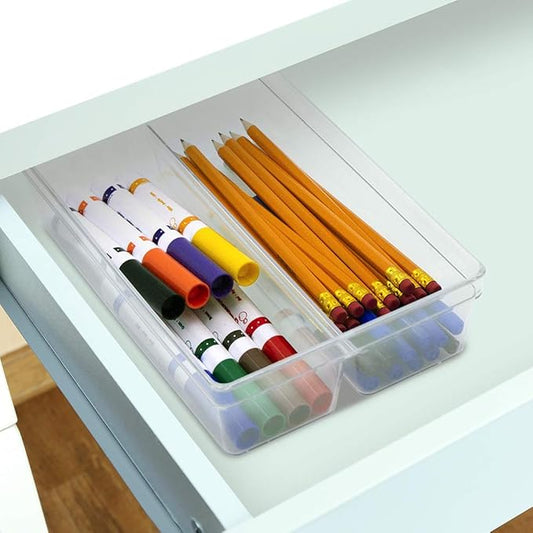 Glad Plastic Drawer Storage Tray – Heavy Duty Organizer Bin for Home, Kitchen, Bath, Bedroom, Office | Non-Slip Feet, 2-Compartment, Clear